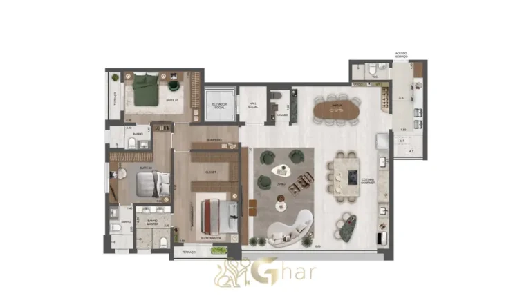Segunda variação da planta de 3 suítes de 185 m² com living integrado em apartamentos na Cidade Jardim, São Paulo