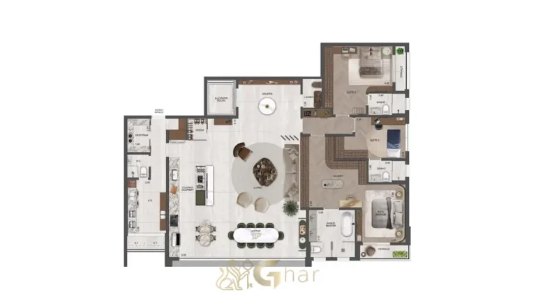 Planta do apartamento de 3 suítes de 215 m² com suíte master ampliada em condomínio residencial na Cidade Jardim, na Zona Sul de São Paulo