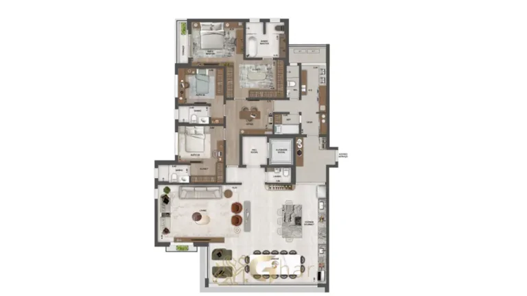 Planta do apartamento de 3 suítes com living ampliado de 248 m² do condomínio Château Jardin Harmonie na Cidade Jardim, São Paulo