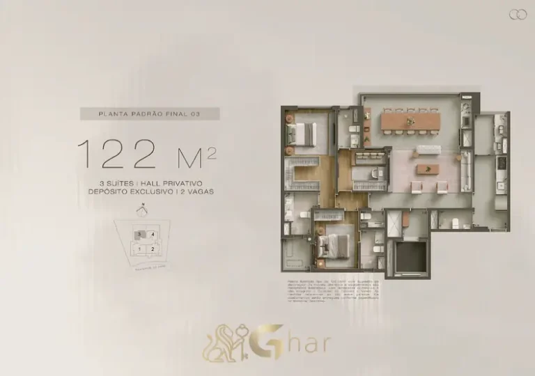 Planta do apartamento de 3 suítes de 122 m² em condomínio residencial no bairro da Chácara Klabin, na Zona Sul de São Paulo
