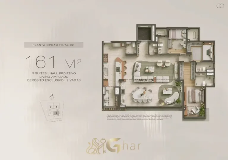 Planta do apartamento de 3 suítes com sala ampliada de 161 m² em condomínio residencial no bairro da Chácara Klabin, na Zona Sul de São Paulo