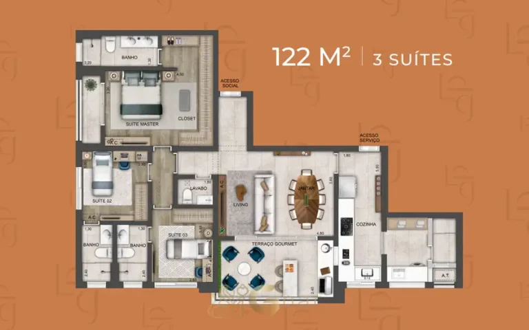Planta do apartamento de 3 suítes de 122 m² em apartamentos no bairro do Brooklin, São Paulo