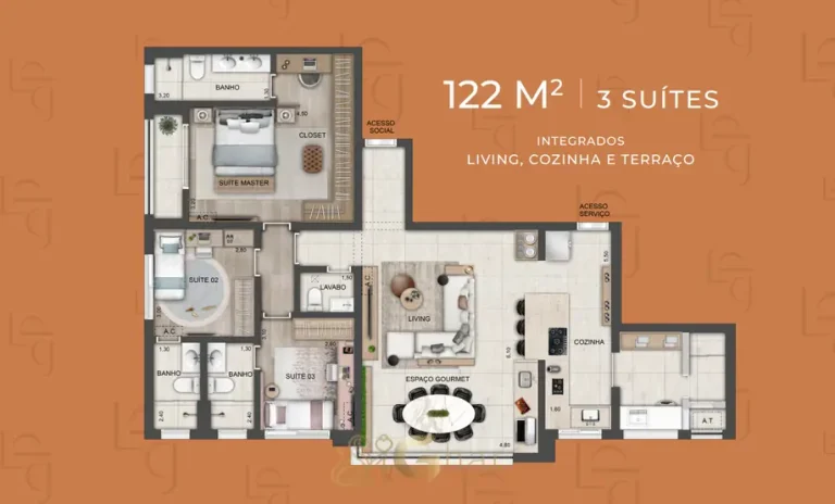 Planta do apartamento de 3 suítes de 122 m² variação em condomínio residencial no bairro do Brooklin, na Zona Sul de São Paulo