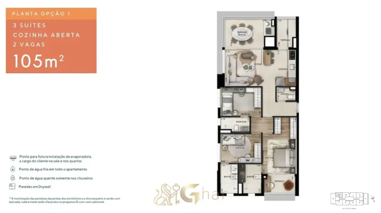 Segunda variação da planta do apartamento de 3 suítes de 105 m² em condomínio residencial na Lapa, na Zona Oeste de São Paulo