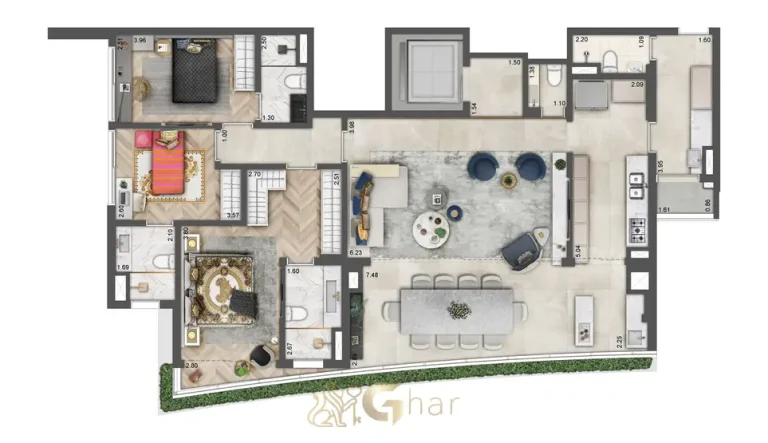 Planta opção de apartamento com 3 suítes de 149 m² do condomínio Villa Residence Versace no bairro de Moema, São Paulo