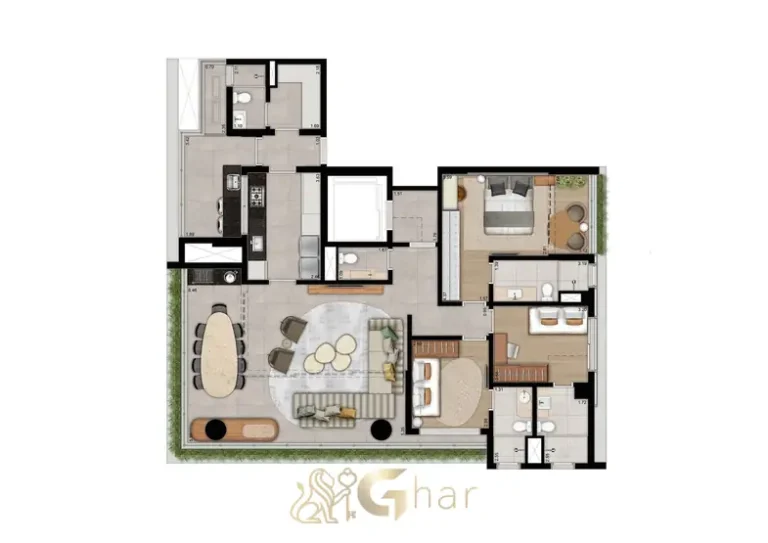 Planta do apartamento de 147 m² com sala ampliada em apartamentos no bairro de Moema, São Paulo