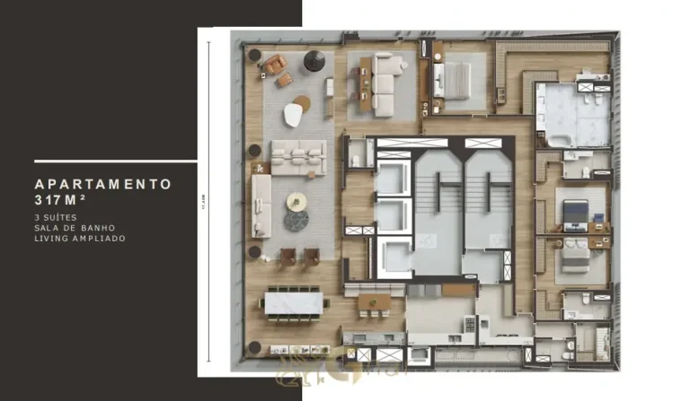 Planta do apartamento de 3 suítes de 317 m² com living ampliado em condomínio residencial no Ibirapuera, na Zona Sul de São Paulo