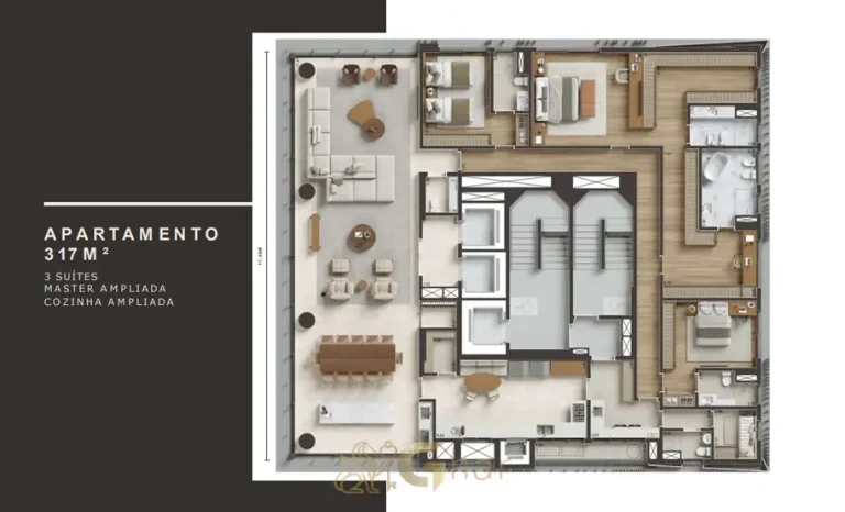 Segunda variação de planta do apartamento de 3 suítes de 317 m² do condomínio Singular Ibirapuera no bairro Ibirapuera, São Paulo