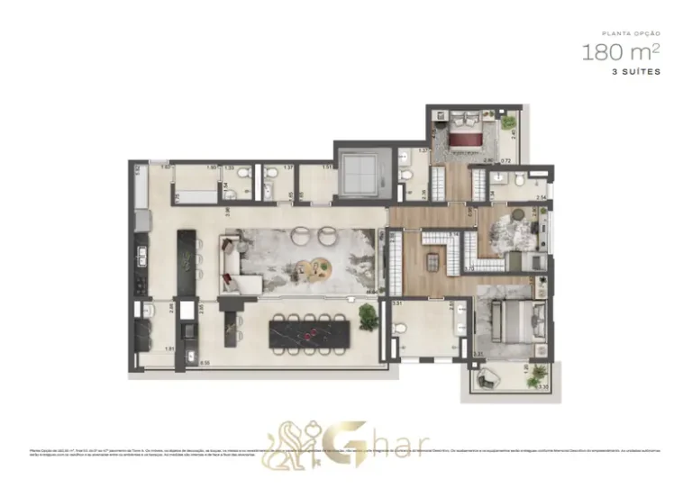 Planta do apartamento de 180 m² com 3 suítes do condomínio Jardim da Hípica Residences no bairro do Alto da Boa Vista, São Paulo