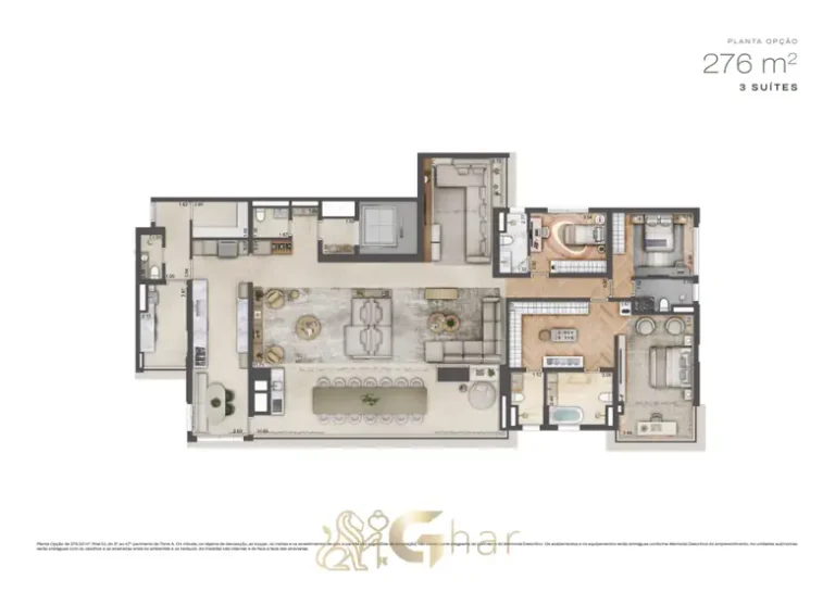 Planta do apartamento de 276 m² com 3 suítes em apartamentos no bairro do Alto da Boa Vista, São Paulo