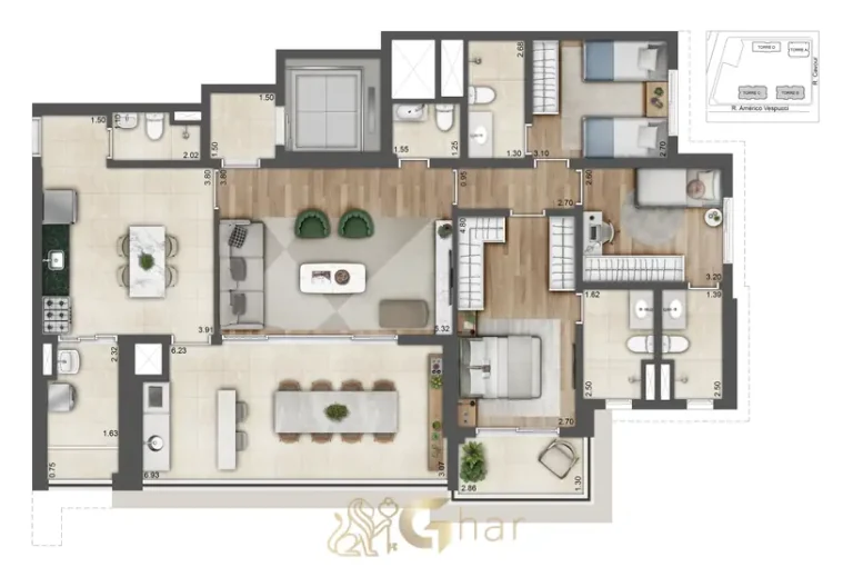 Planta de apartamento 3 suítes 139 m² Torres B e C em apartamentos no bairro da Vila Prudente, São Paulo