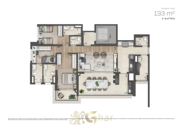 Planta do apartamento de 133 m² com 3 suítes da Torre B do condomínio Jardim da Hípica Residences no bairro do Alto da Boa Vista, São Paulo