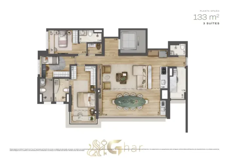 Planta alternativa de 133 m² com 3 suítes em apartamentos no bairro do Alto da Boa Vista, São Paulo