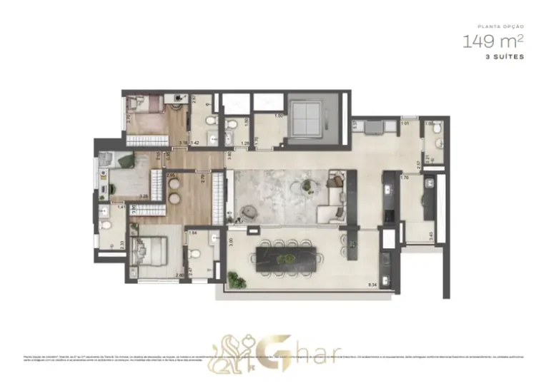 Planta do apartamento de 149 m² com 3 suítes em condomínio residencial no bairro do Alto da Boa Vista, na Zona Sul de São Paulo
