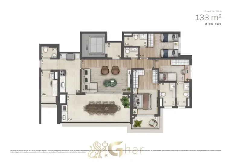 Planta de 133 m² com 3 suítes da Torre C do condomínio Jardim da Hípica Residences no bairro do Alto da Boa Vista, São Paulo