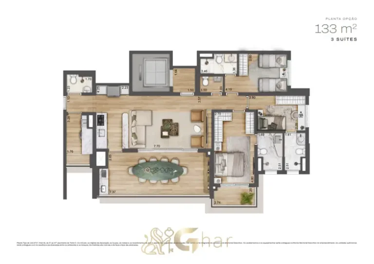 Planta alternativa de 133 m² com 3 suítes da Torre C em apartamentos no bairro do Alto da Boa Vista, São Paulo