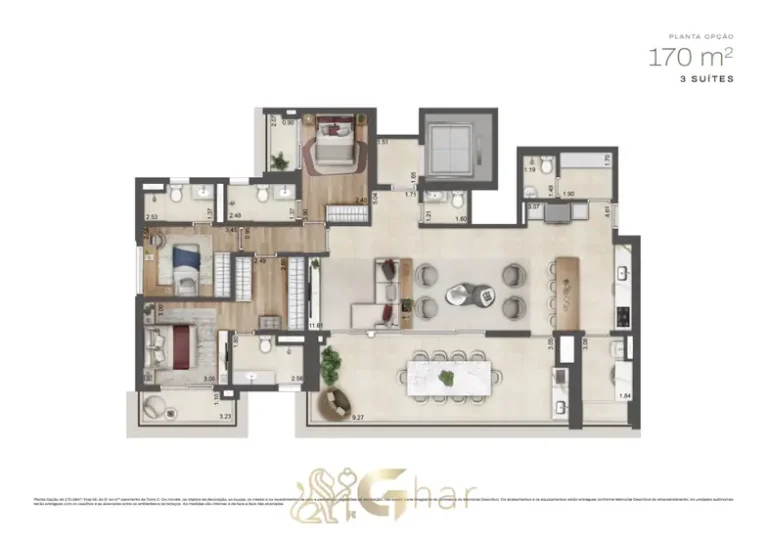 Planta do apartamento de 170 m² com 3 suítes em condomínio residencial no bairro do Alto da Boa Vista, na Zona Sul de São Paulo