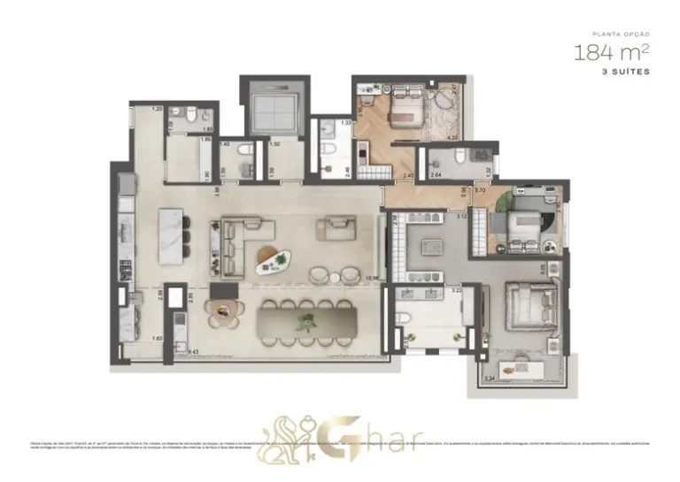 Planta do apartamento de 184 m² com 3 suítes da Torre D do condomínio Jardim da Hípica Residences no bairro do Alto da Boa Vista, São Paulo