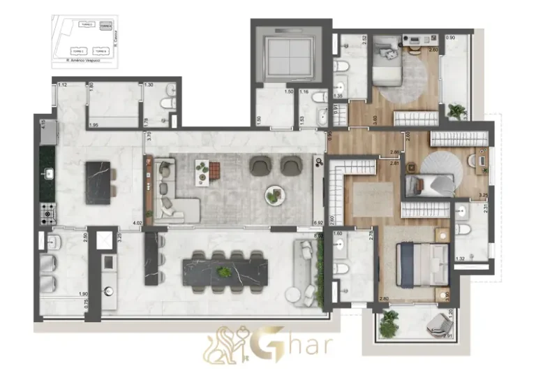 Planta de apartamento 4 dormitórios 170 m² em condomínio residencial no bairro da Vila Prudente, na Zona Leste de São Paulo