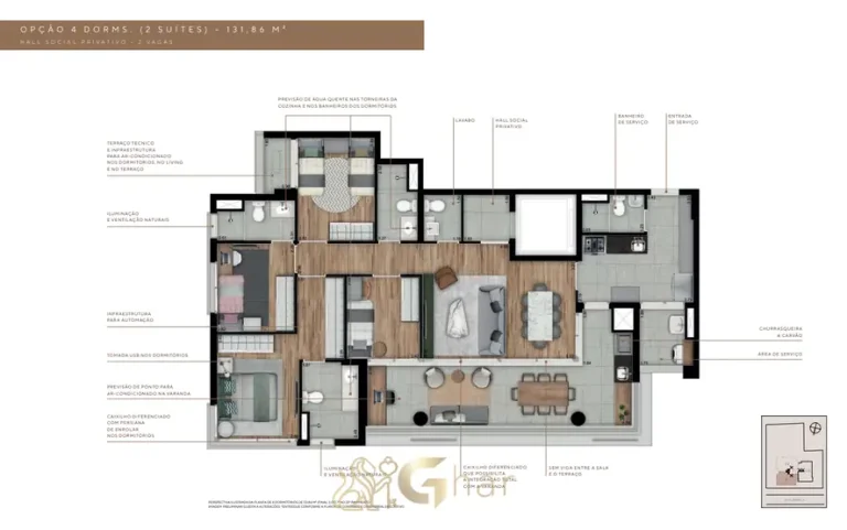 Planta de apartamento 4 dormitórios de 131 m² em condomínio residencial no Paraíso, na Zona Sul de São Paulo