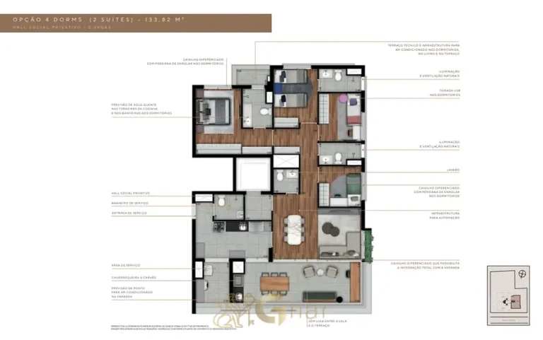 Planta opção 4 dormitórios de 133 m² em apartamentos no Paraíso, São Paulo