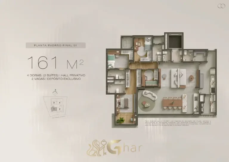 Planta do apartamento de 4 dormitórios de 161 m² em apartamentos no bairro da Chácara Klabin, São Paulo