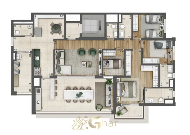 Planta do apartamento de 164 m² com 4 dormitórios do condomínio Palace no bairro do Brás, São Paulo