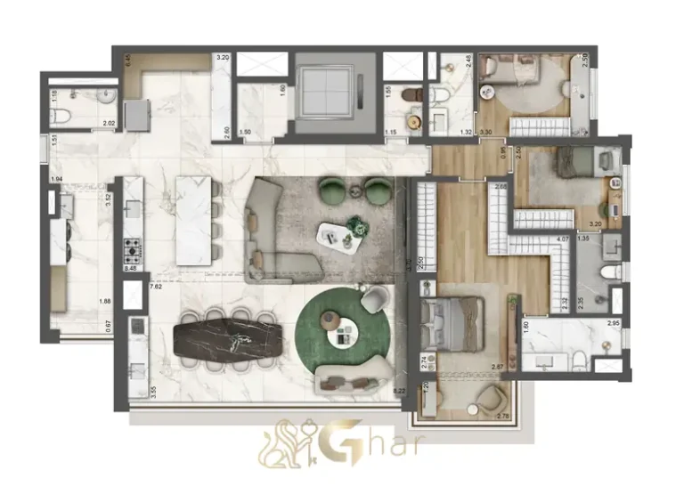 Planta do apartamento de 164 m² com sala ampliada em apartamentos no bairro do Brás, São Paulo
