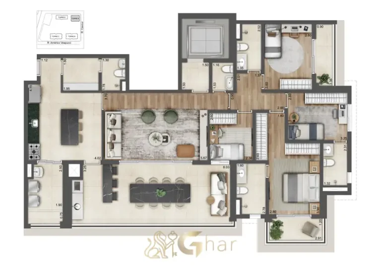 Planta de apartamento 4 dormitórios 170 m² Torre A do condomínio Alive Home Resort no bairro da Vila Prudente, São Paulo