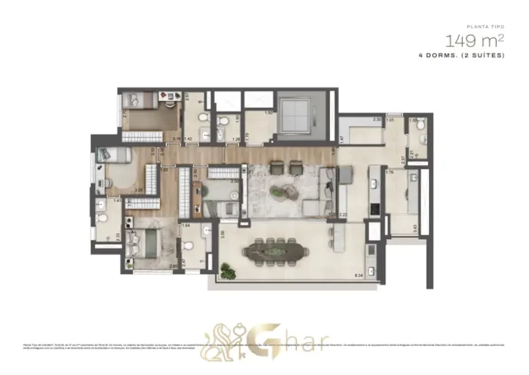 Planta do apartamento de 149 m² com 4 dormitórios em apartamentos no bairro do Alto da Boa Vista, São Paulo