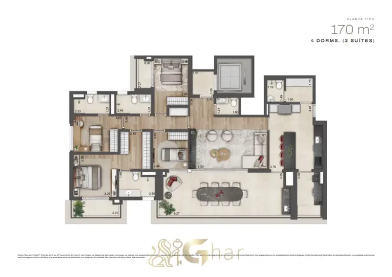 Planta do apartamento de 170 m² com 4 dormitórios em apartamentos no bairro do Alto da Boa Vista, São Paulo
