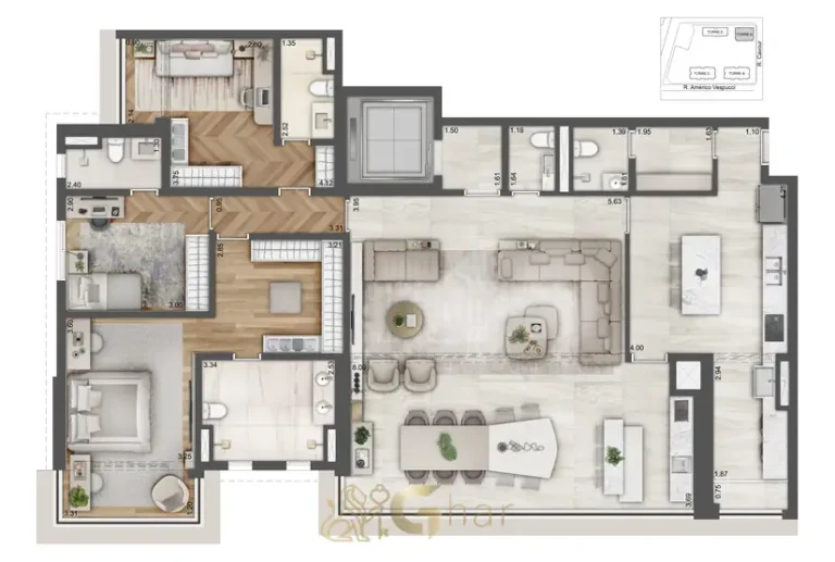 Planta de apartamento 4 suítes 188 m² em apartamentos no bairro da Vila Prudente, São Paulo