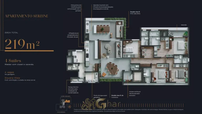 Planta do apartamento Sereine de 219 m² com 4 suítes em condomínio residencial no bairro do Itaim Bibi, na Zona Sul de São Paulo