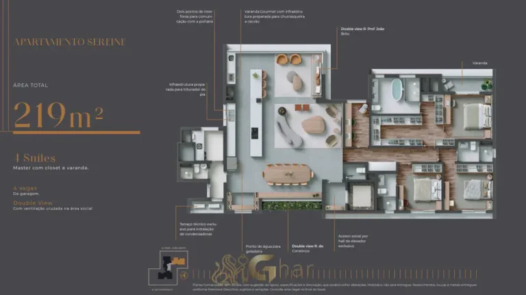 Planta alternativa do apartamento Sereine de 219 m² do condomínio Baume Itaim no bairro do Itaim Bibi, São Paulo