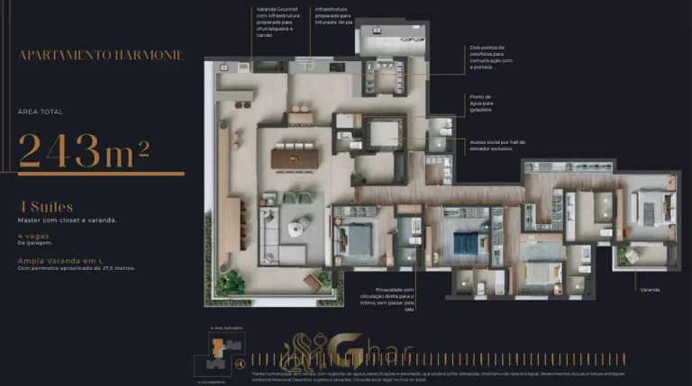 Planta do apartamento Harmonie de 243 m² com 4 suítes em condomínio residencial no bairro do Itaim Bibi, na Zona Sul de São Paulo
