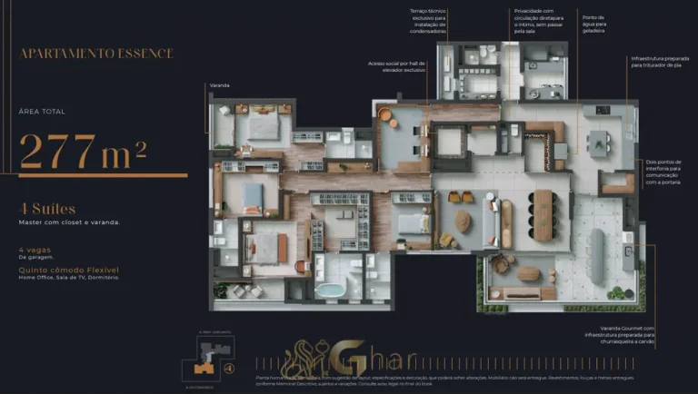 Planta do apartamento Essence de 277 m² com 4 suítes em condomínio residencial no bairro do Itaim Bibi, na Zona Sul de São Paulo