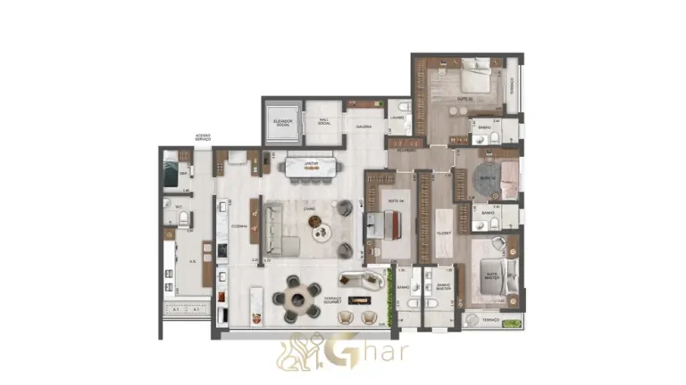 Planta do apartamento de 4 suítes de 215 m² do condomínio Château Jardin Harmonie na Cidade Jardim, São Paulo