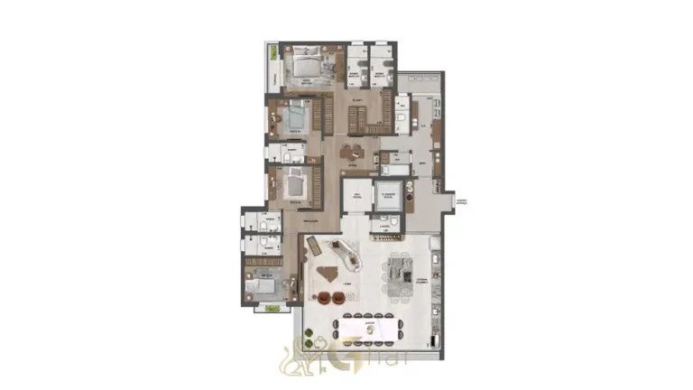 Segunda variação da planta de 4 suítes de 248 m² com living integrado em condomínio residencial na Cidade Jardim, na Zona Sul de São Paulo