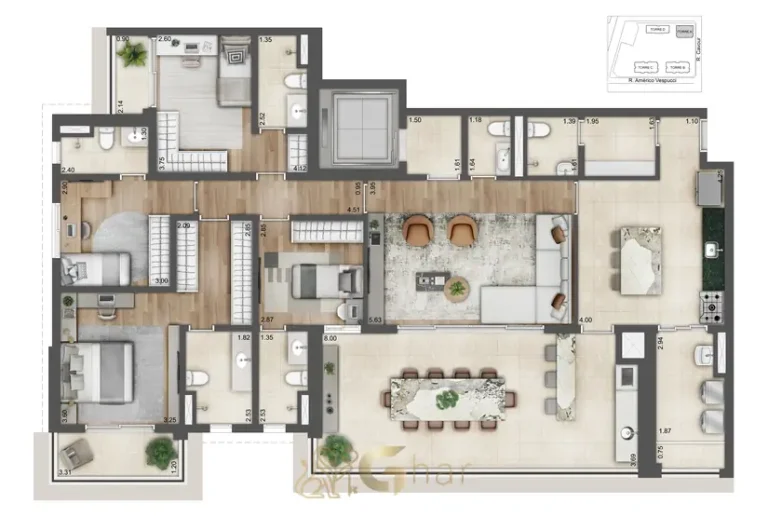 Planta de apartamento 4 suítes 188 m² Torre A em condomínio no bairro da Vila Prudente, na Zona Leste de São Paulo