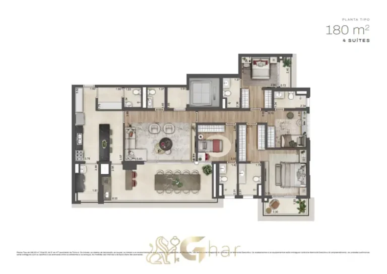Planta do apartamento de 180 m² com 4 suítes em condomínio residencial no bairro do Alto da Boa Vista, na Zona Sul de São Paulo