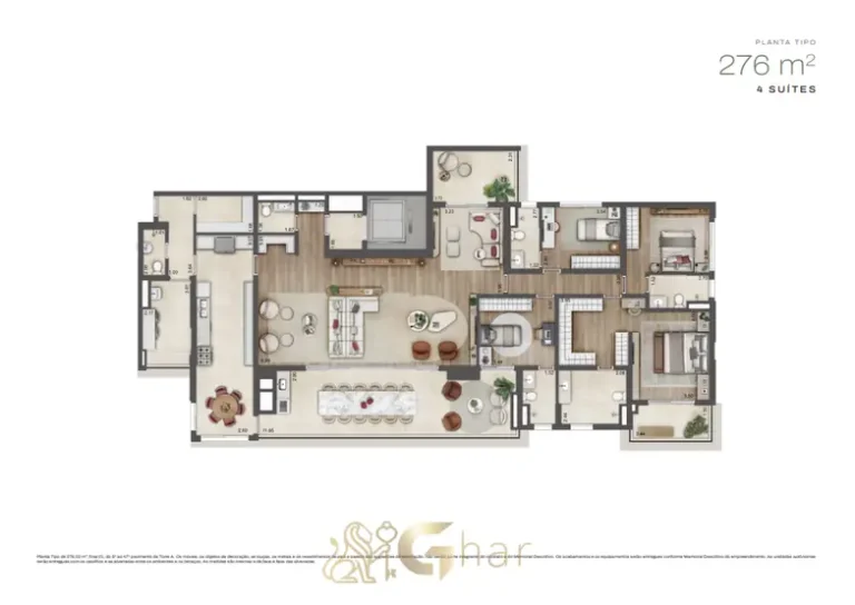 Planta do apartamento de 276 m² com 4 suítes da Torre A do condomínio Jardim da Hípica Residences no bairro do Alto da Boa Vista, São Paulo