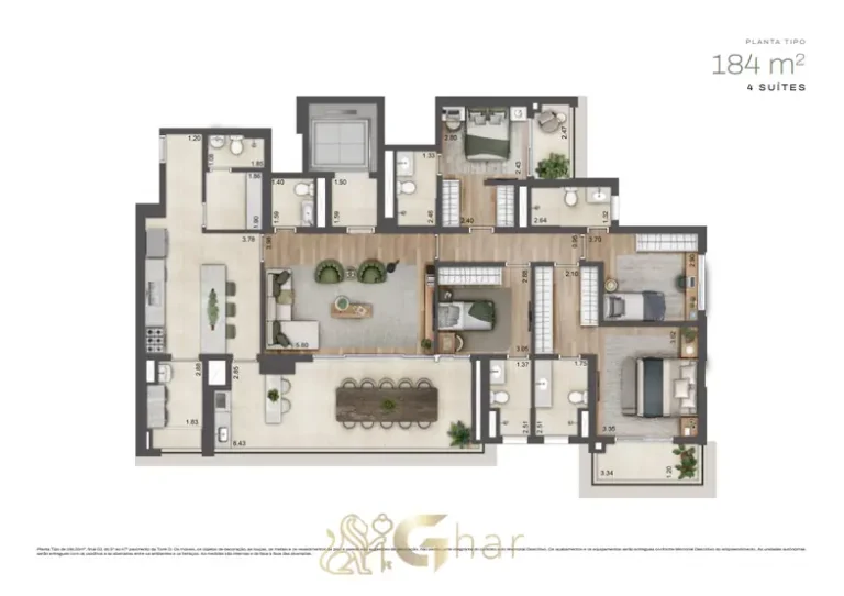 Planta do apartamento de 184 m² com 4 suítes da Torre D em condomínio residencial no bairro do Alto da Boa Vista, na Zona Sul de São Paulo