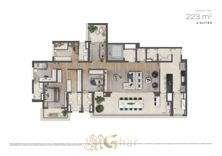 Planta do apartamento de 223 m² com 4 suítes da Torre D do condomínio Jardim da Hípica Residences no bairro do Alto da Boa Vista, São Paulo