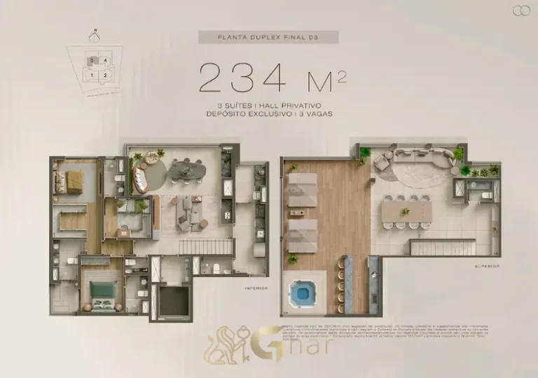 Planta da cobertura duplex de 234 m² do condomínio Core Klabin no bairro da Chácara Klabin, São Paulo