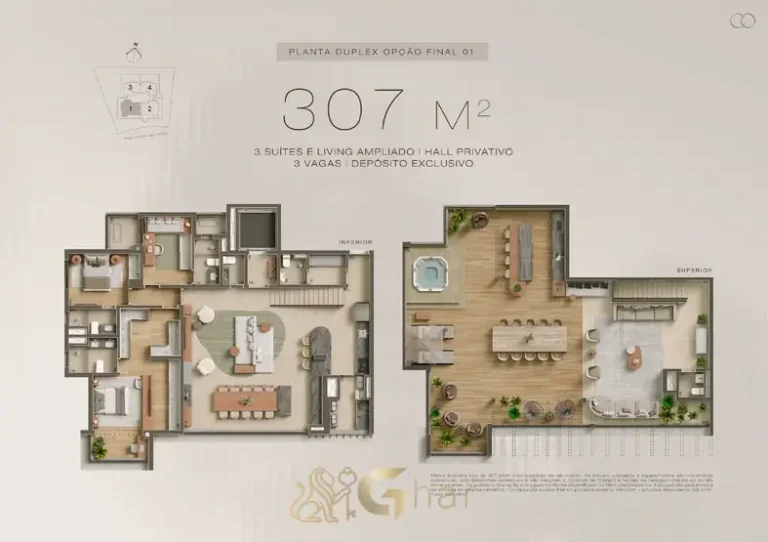 Planta da cobertura duplex de 307 m² do condomínio Core Klabin no bairro da Chácara Klabin, São Paulo