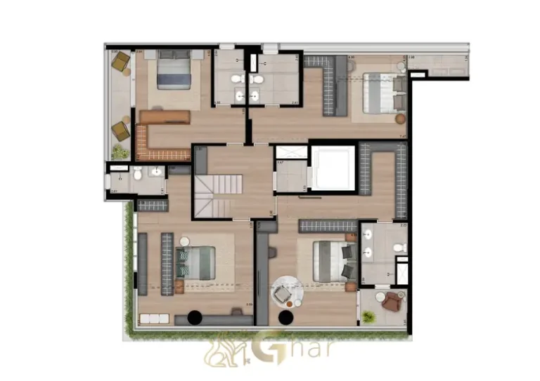 Planta do pavimento inferior da cobertura duplex em apartamentos no bairro de Moema, São Paulo