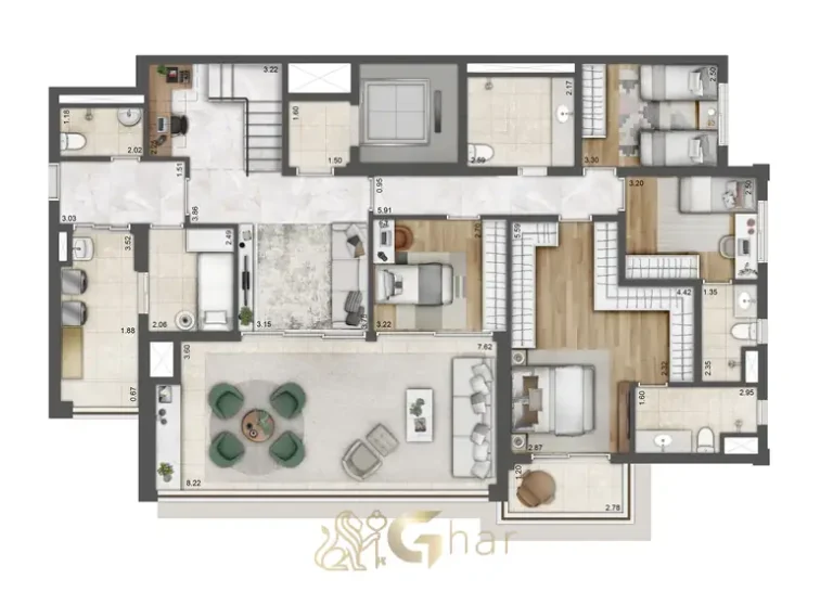 Planta inferior da cobertura duplex de 370 m² em apartamentos no bairro do Brás, São Paulo