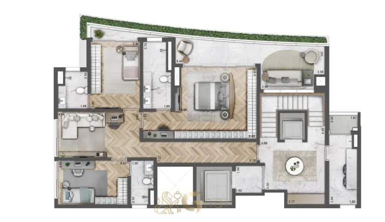 Planta do pavimento inferior da cobertura duplex de 291 m² do condomínio Villa Residence Versace no bairro de Moema, São Paulo