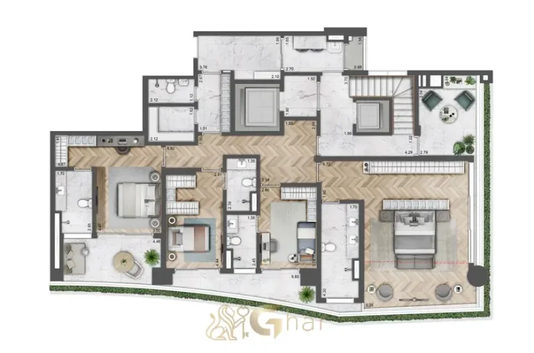 Planta do pavimento inferior da cobertura duplex de 418 m² em condomínio residencial no bairro de Moema, na Zona Sul de São Paulo