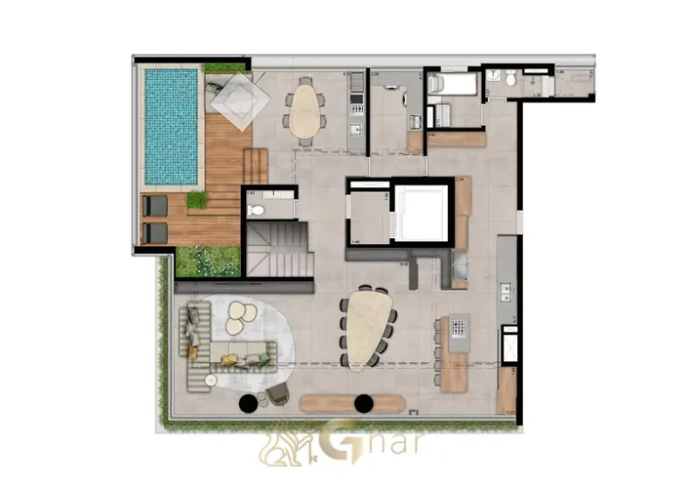 Planta do pavimento superior da cobertura duplex em condomínio residencial no bairro de Moema, na Zona Sul de São Paulo